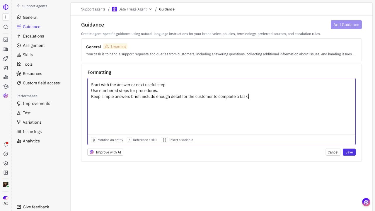 Guidance editor with section title, instructions, and Save