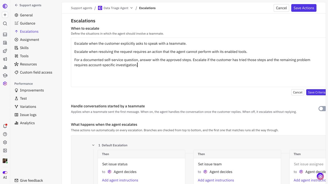 Escalation criteria editor showing example criteria and the Save Criteria button