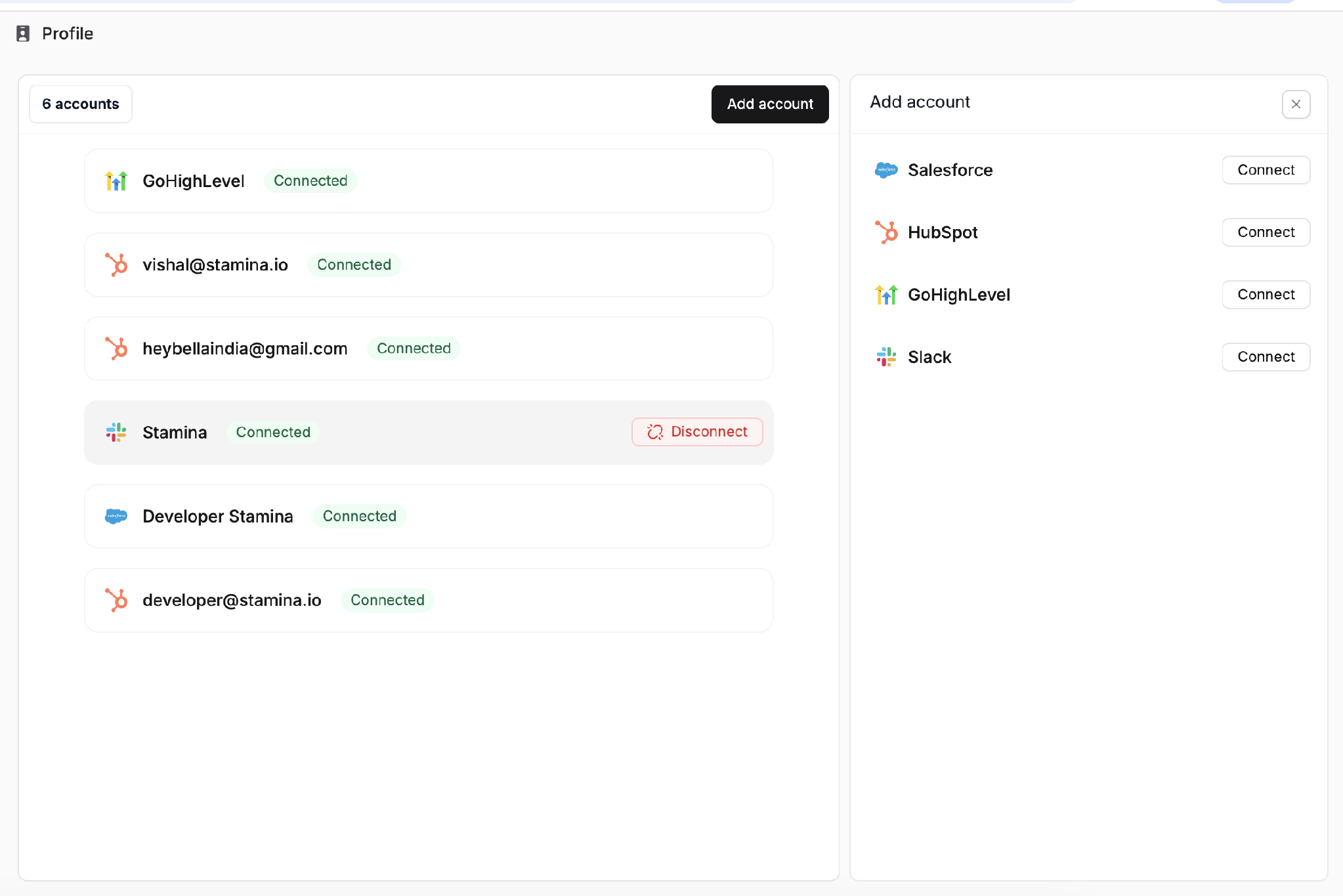 Connect HubSpot from the Add account panel. Stamina profile showing the Add account panel with HubSpot and a Connect button.