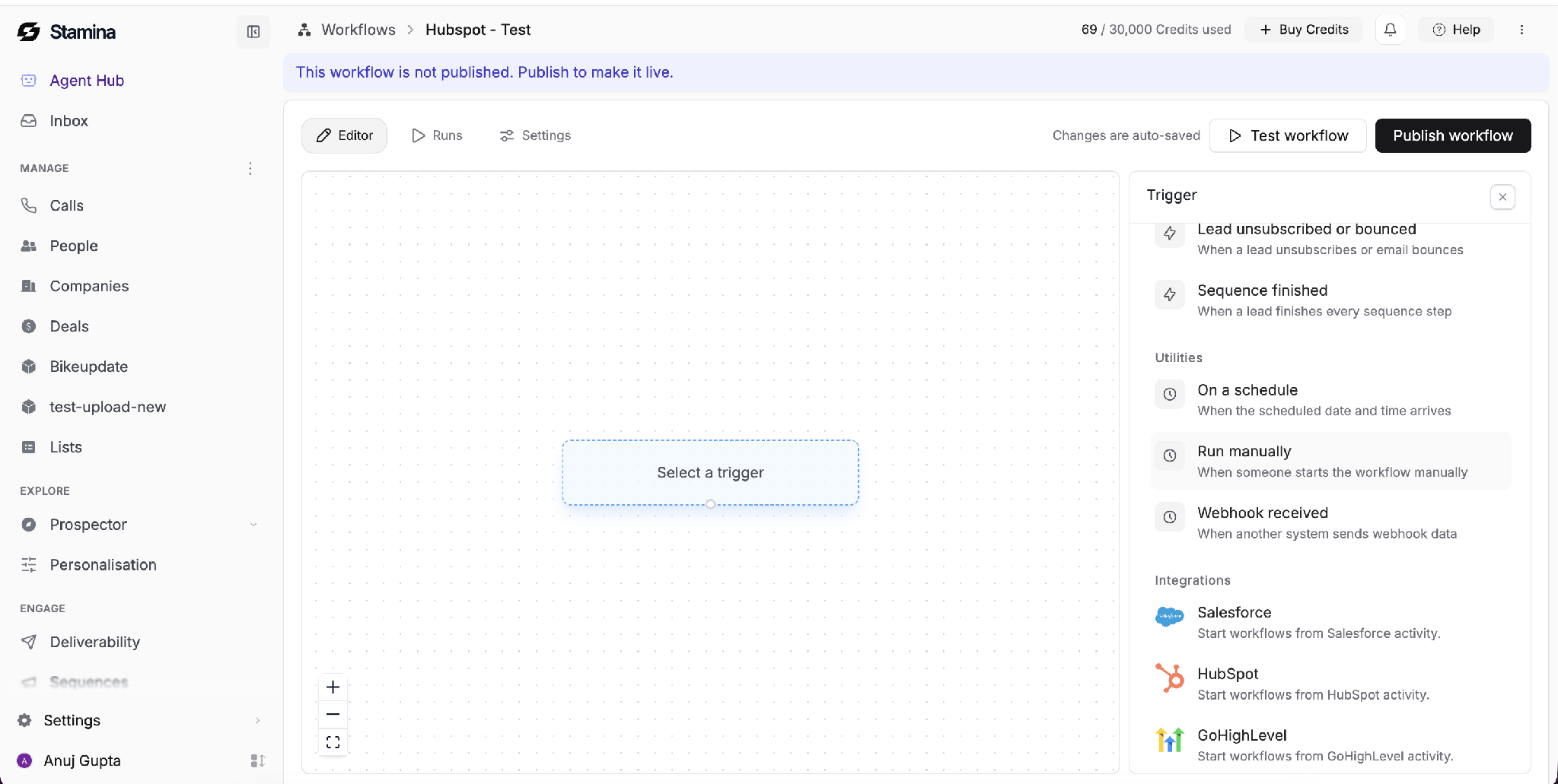 Choose HubSpot under Integrations. Stamina workflow trigger panel showing HubSpot under Integrations.