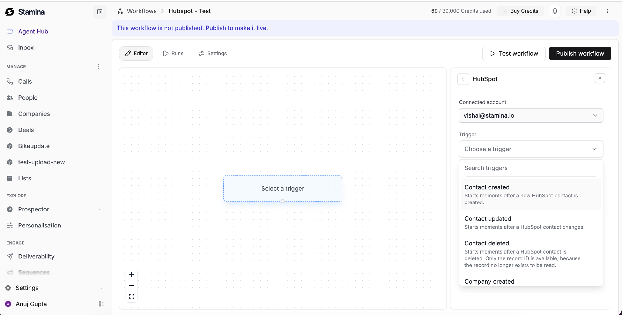 Select the HubSpot event that should start the workflow. HubSpot trigger menu showing contact and company events in the Stamina workflow editor.