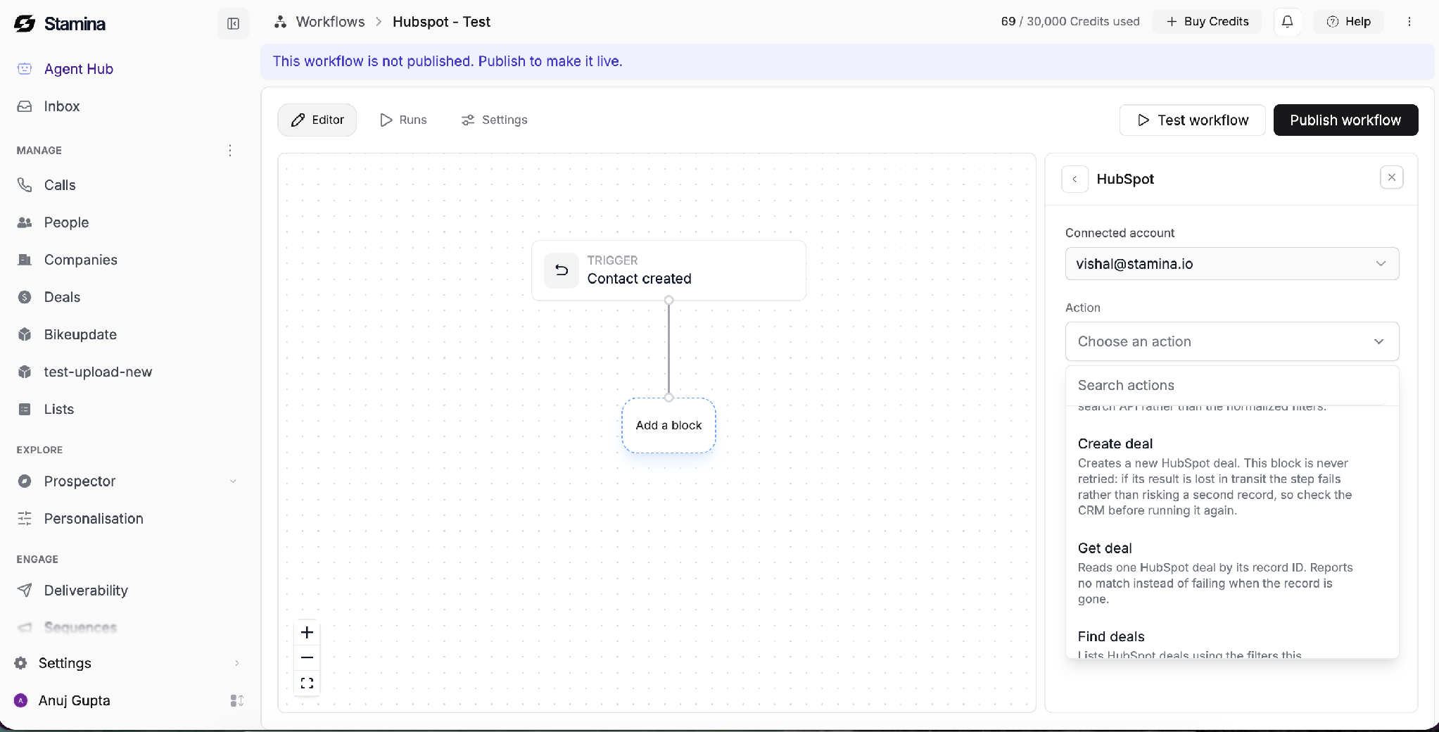 Choose and configure the HubSpot action the workflow should perform. HubSpot action menu in the Stamina workflow editor showing available deal actions.
