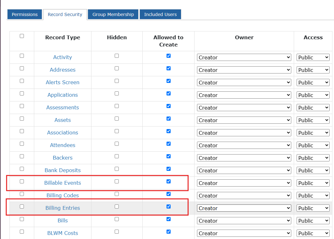 Centerbase Record Security tab showing Billing Entries and Billable Events with Allowed to Create checked, Owner set to Creator, Access set to Public