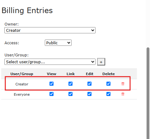 Billing Entries permission screen with Creator group checked for View, Link, Edit, Delete