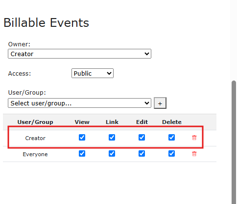 Billable Events permission screen with Creator group checked for View, Link, Edit, Delete