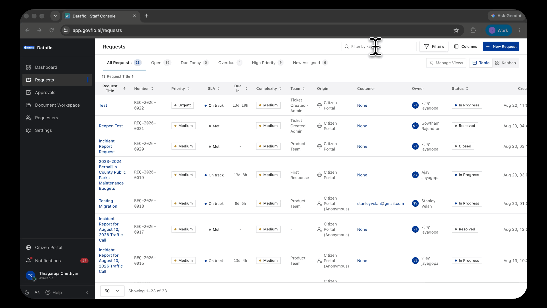 Type a keyword into Filter by keyword and let the list shrink. Clear it. Open Filters, set Status and Owner, close the panel. Pause one beat on the URL so the reader sees the filters written into it. Toggle Table to Kanban and back. Open a request.
