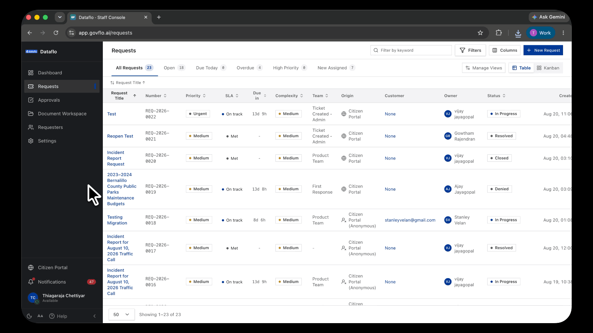 On a Closed request, publish it to the public archive, then open the portal catalog in a second tab to show it landing. Then show Withdraw.