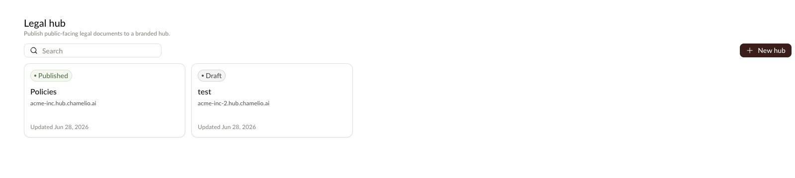Legal Hub settings page with existing hubs and the New hub button