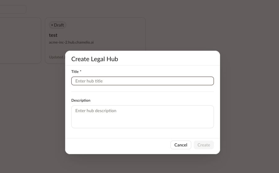 Create Legal Hub dialog with Title and Description fields