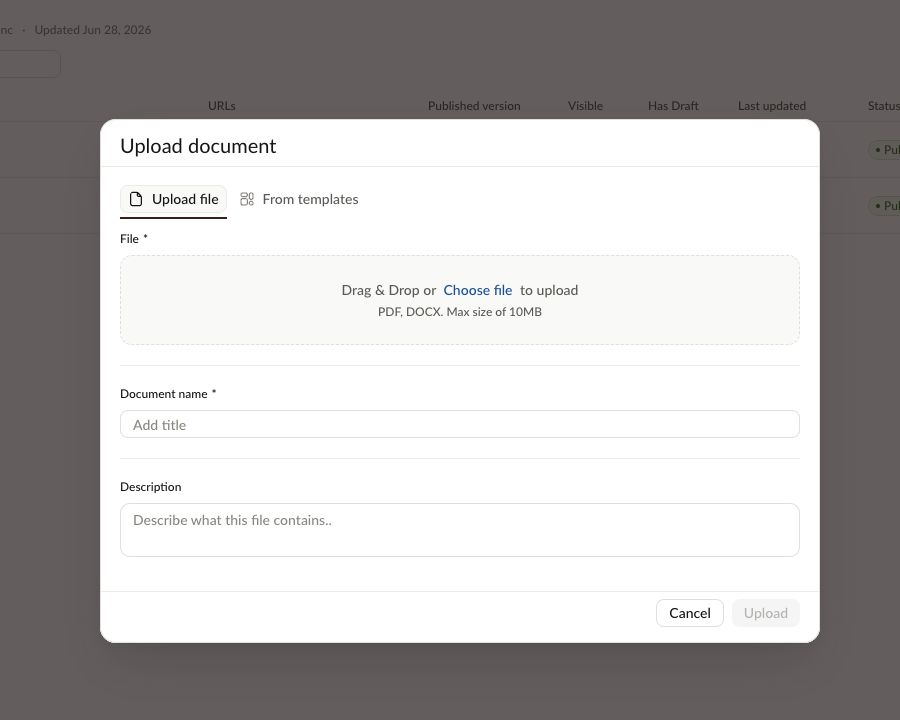 Upload document dialog with Upload file and From templates options