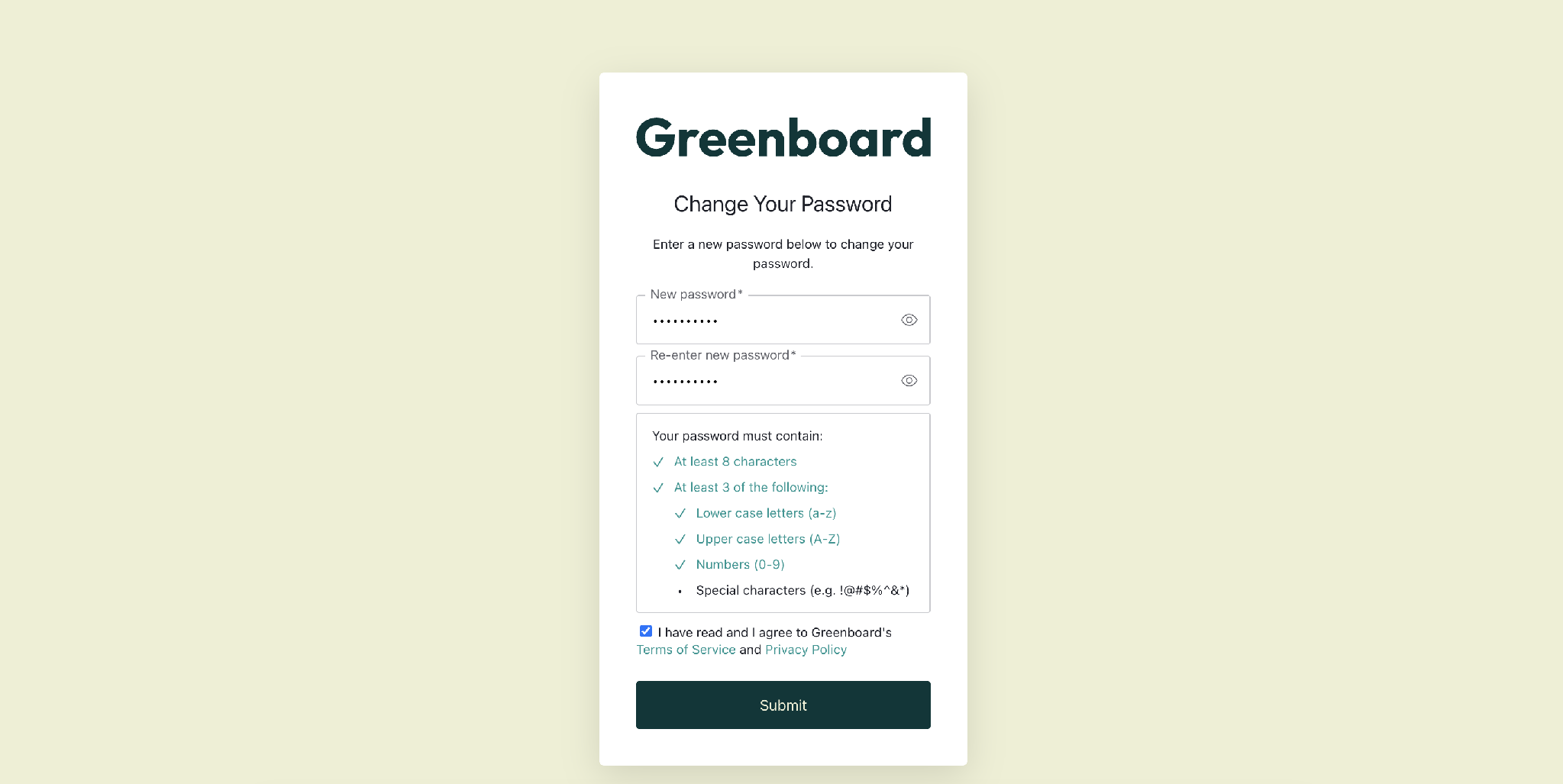 Change your password screen with requirements checklist Change your password screen with requirements checklist