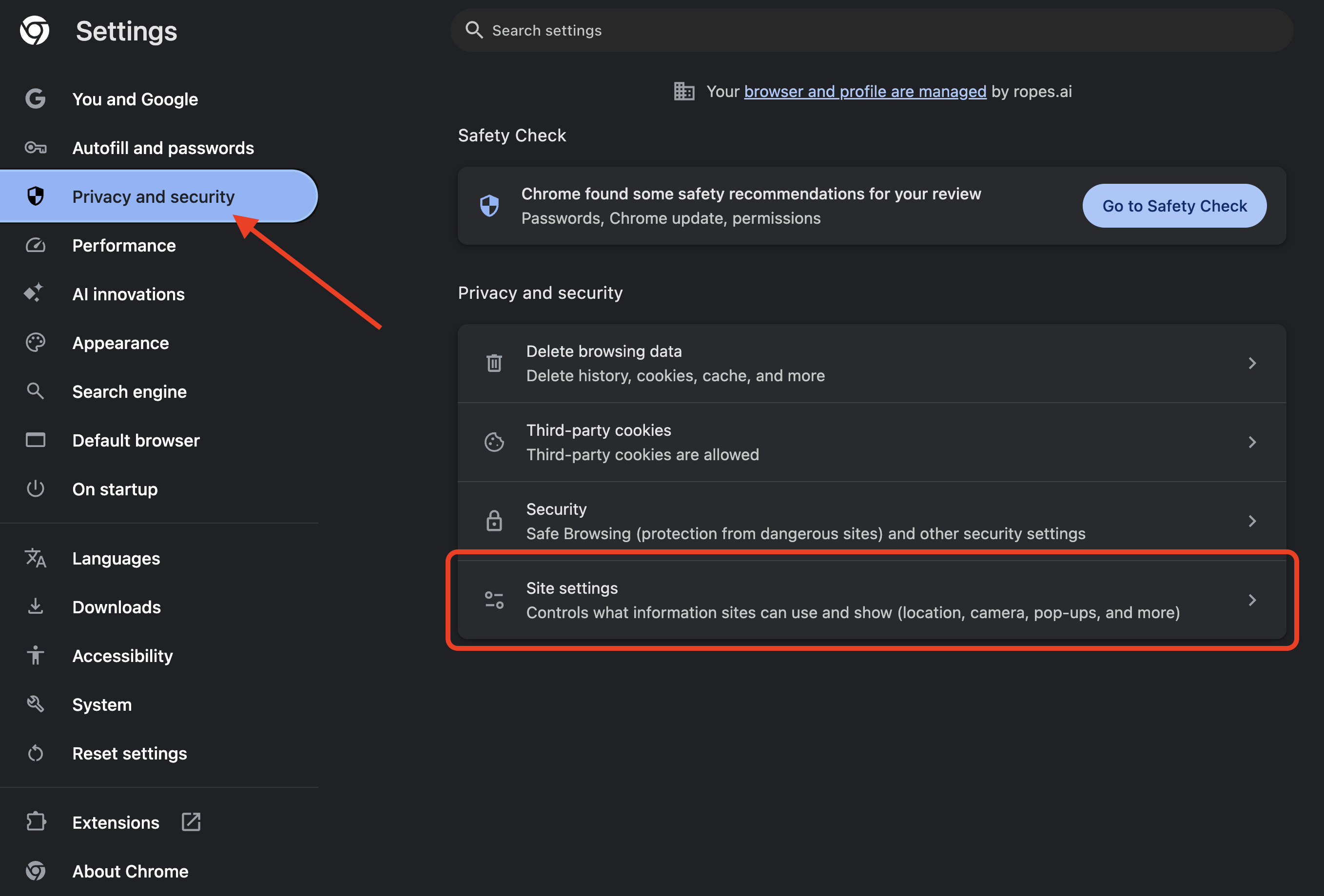 Chrome Privacy and security settings with Site settings highlighted Chrome Privacy and security settings with Site settings highlighted