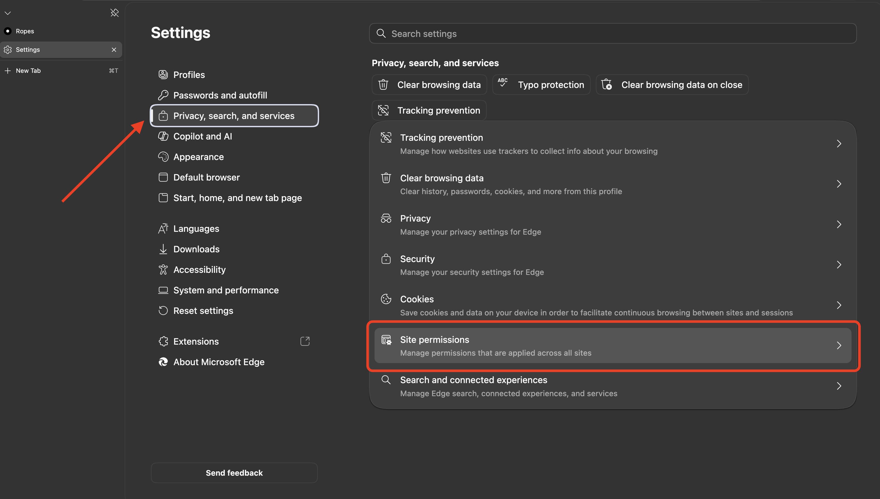 Microsoft Edge Privacy search and services settings with Site permissions highlighted Microsoft Edge Privacy search and services settings with Site permissions highlighted