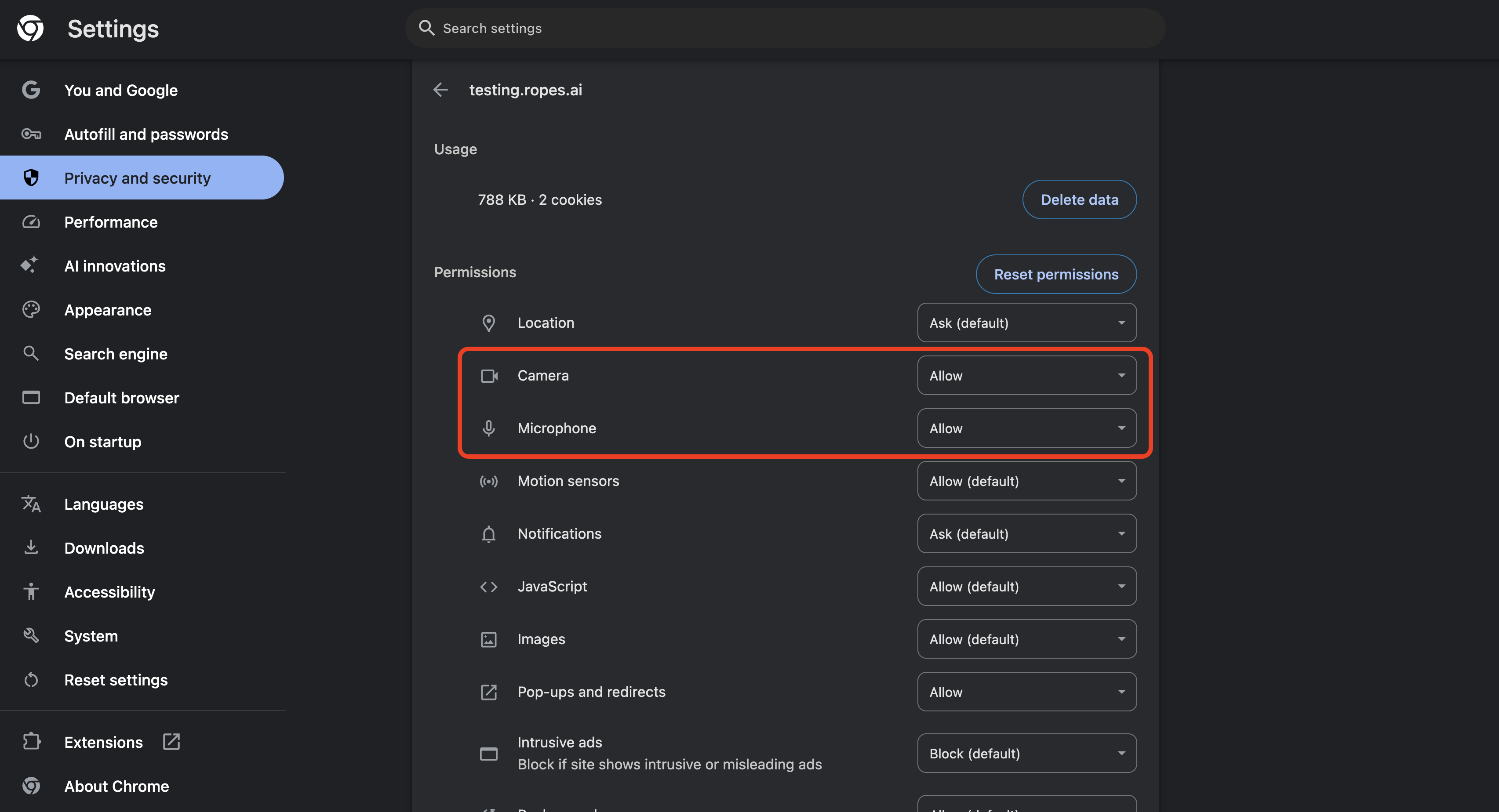 Chrome site permissions with Camera and Microphone set to Allow Chrome site permissions with Camera and Microphone set to Allow