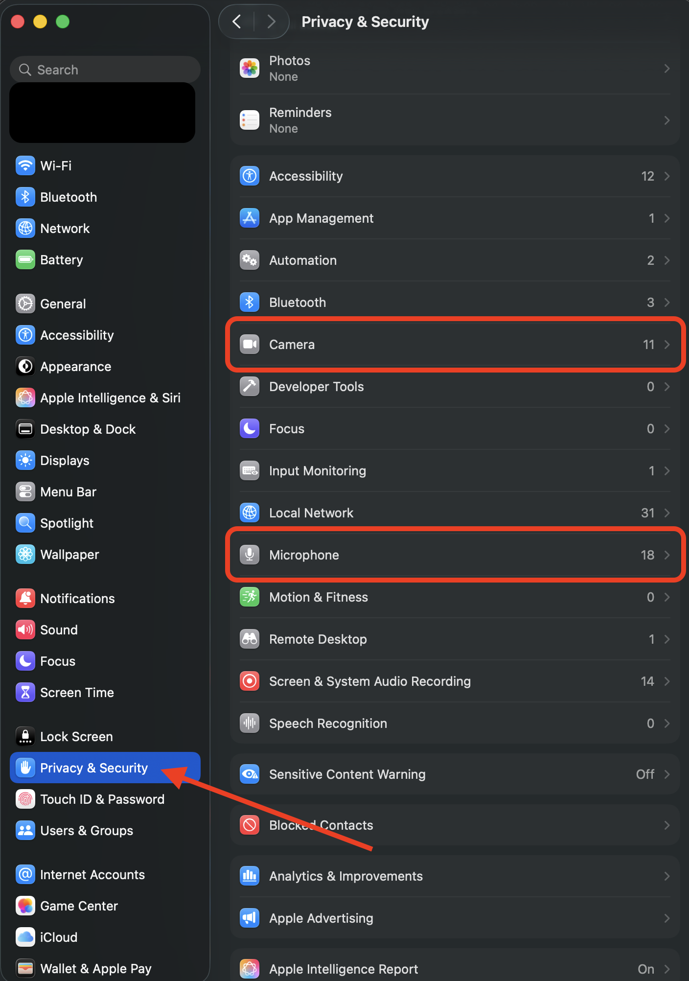 Mac System Settings Privacy and Security with Camera and Microphone highlighted Mac System Settings Privacy and Security with Camera and Microphone highlighted