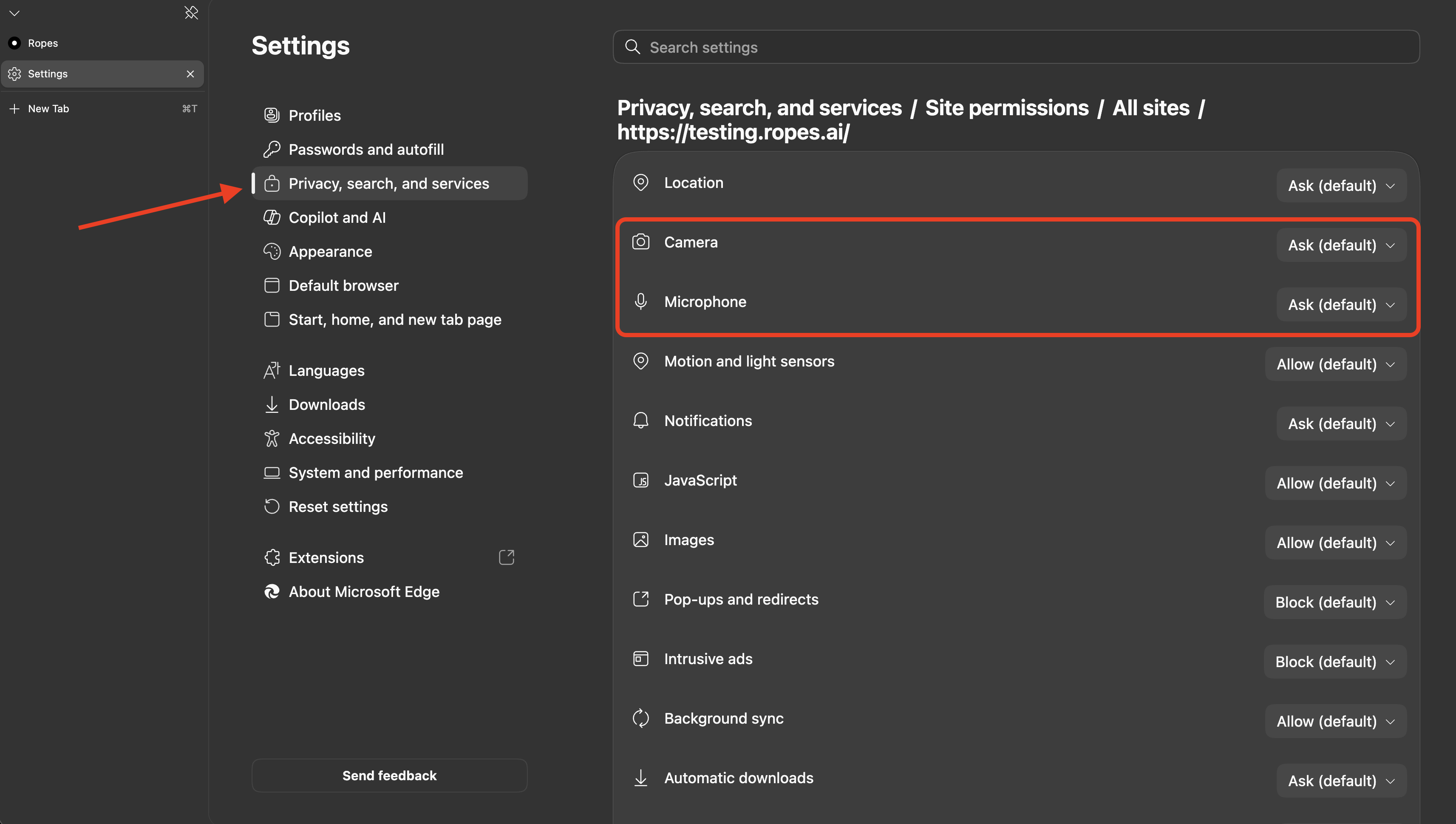 Microsoft Edge site permissions showing the Camera and Microphone dropdowns Microsoft Edge site permissions showing the Camera and Microphone dropdowns