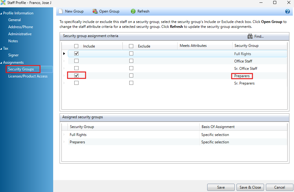 Security Groups assignment screen Security Groups assignment screen