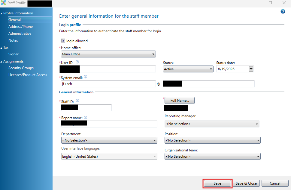 Staff Profile general information and Save button Staff Profile general information and Save button