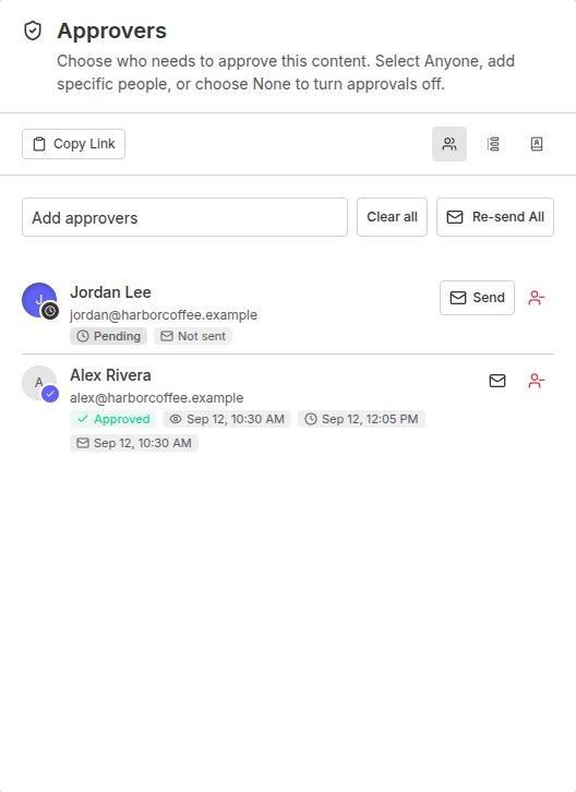 image.png Approvers panel Status tab with Send All and Pending, Approved, and Not sent indicators