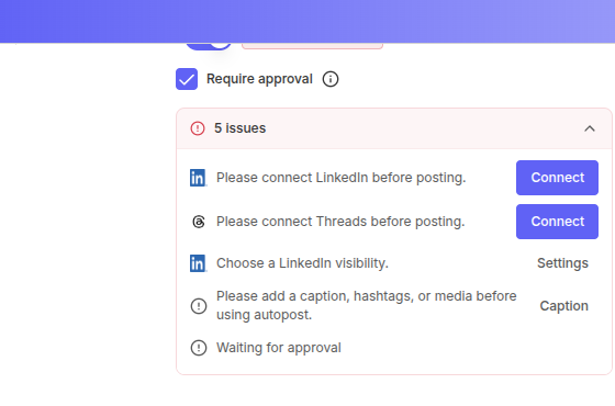 image.png Auto Post with Require approval checked and Waiting for approval