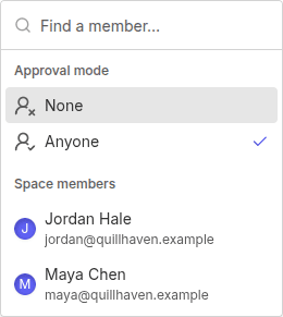 Default Approvers menu with None, Anyone, and space members