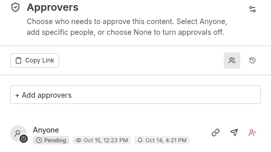 Approvers panel Status tab with Anyone pending, Copy Link, and no Contacts tab
