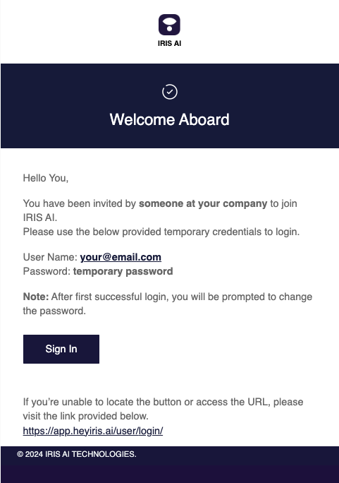 Screenshot 2024-12-16 at 9.16.04 AM.png welcome email from iris displaying username and temp password