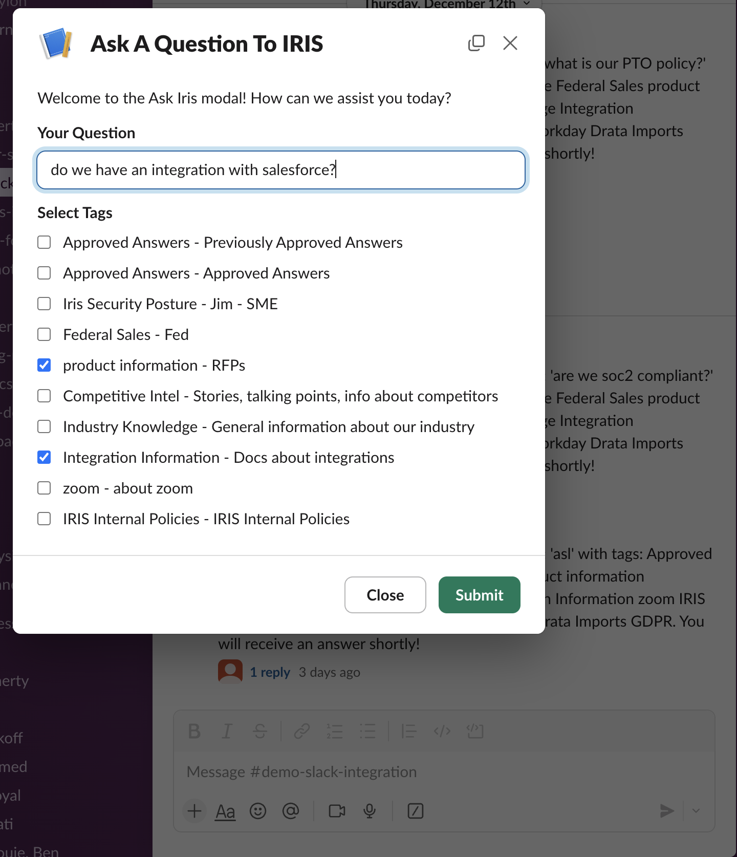 Screenshot 2024-12-16 at 10.17.06 AM.png shows Slack modal with question field and a list of tags
