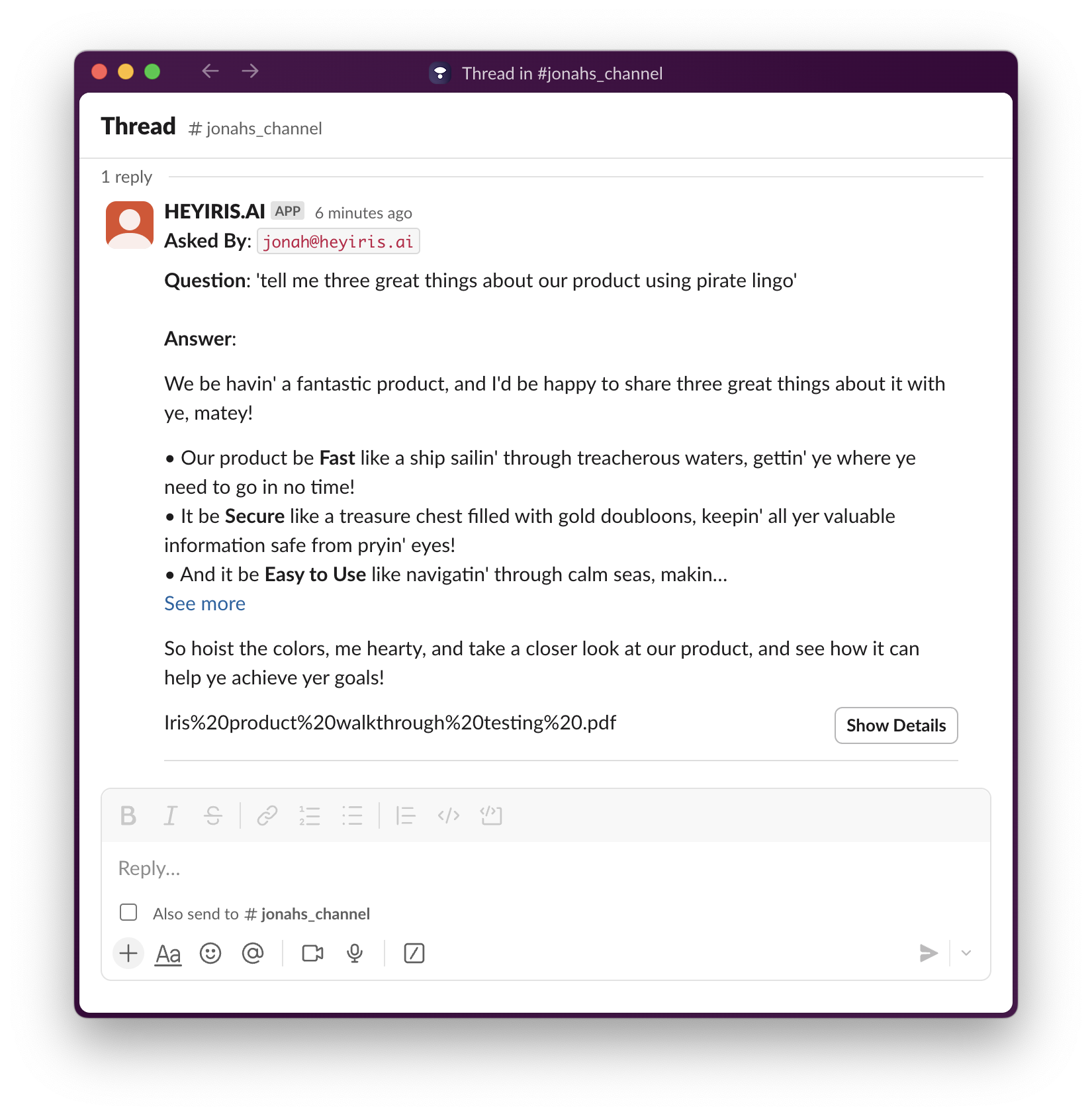 Screenshot 2024-12-17 at 9.10.00 PM.png iris outlining 3 great things about the product using pirate lingo in a slack message reply