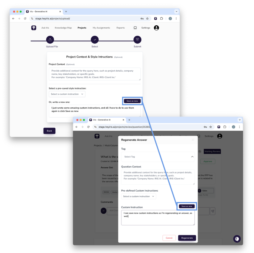 Screenshot 2025-01-10 at 1.08.43 PM.png Highlights the save as new button within the project context page and the regenerate answer page