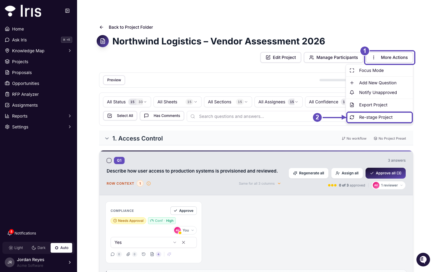 (1) Open More Actions on the project page and choose (2) Re-stage Project. (1) Open More Actions on the project page and choose (2) Re-stage Project.