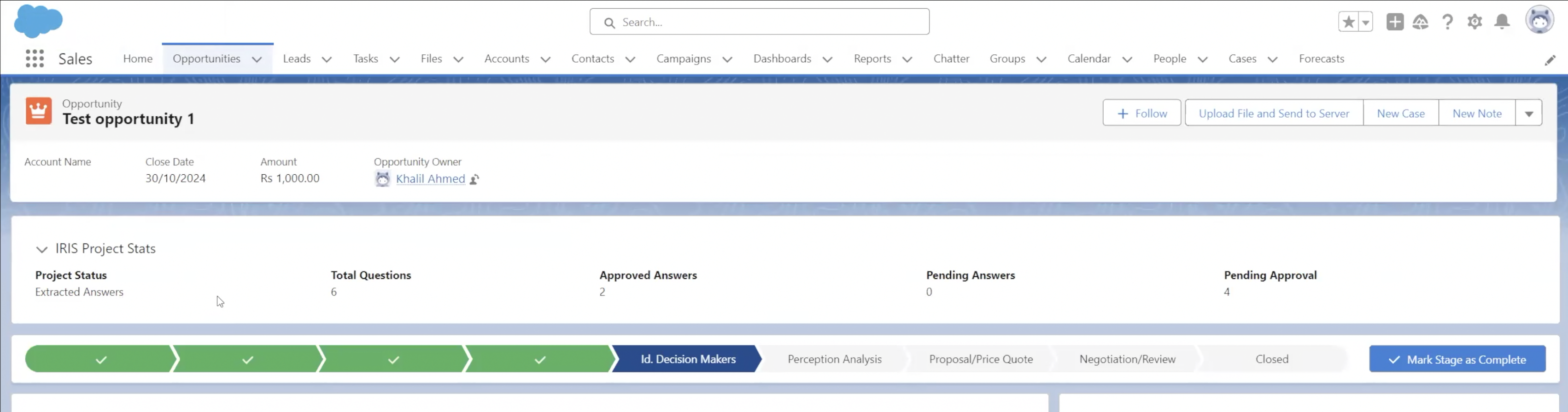 iris project stats shown in salesforce including number of pending and approved answers