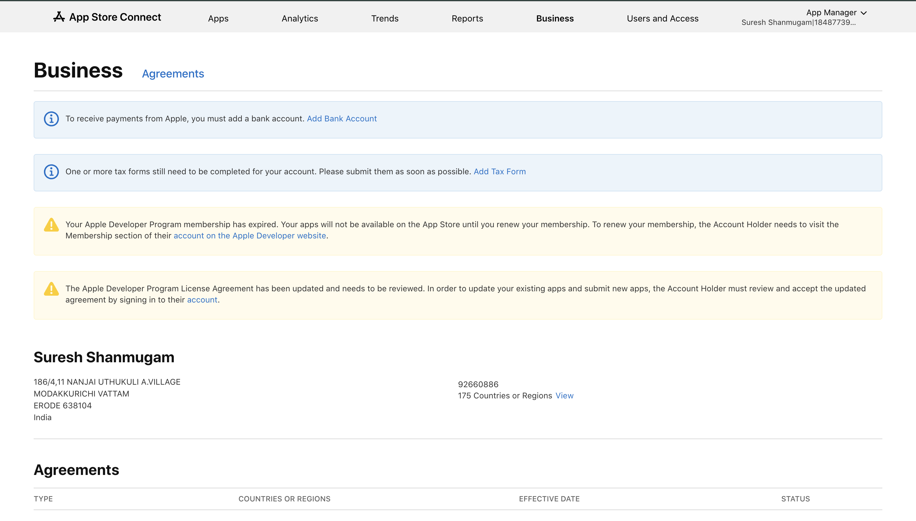 Business account page on App Store Connect showing status banners, developer name and address, and a table labeled Agreements with columns for Type, Countries or Regions, Effective Date, and Status