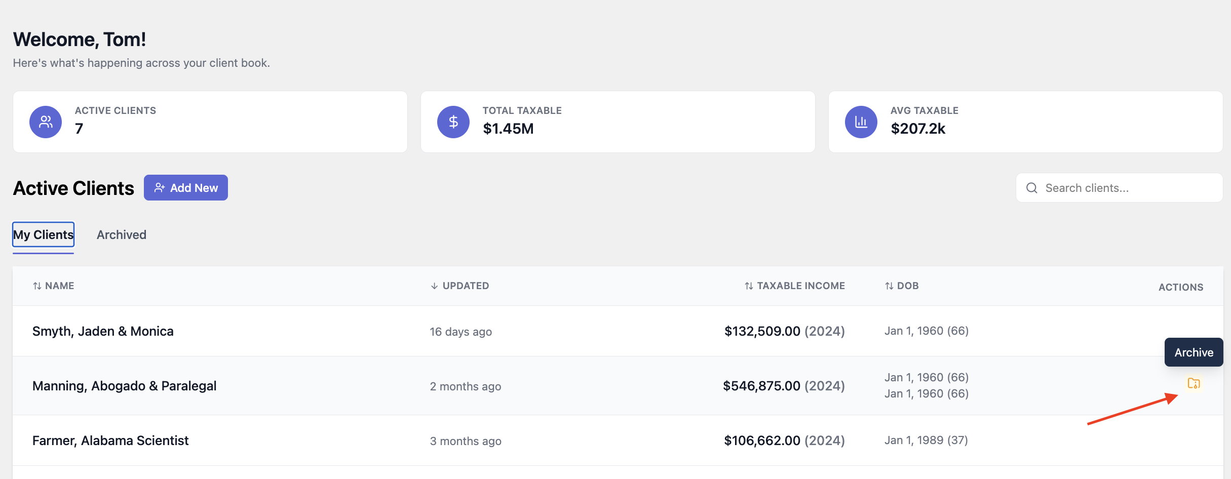 Image of a dashboard showing active clients with key metrics at the top and a list of clients with columns for updated time, taxable income, DOB, and an Archive action.