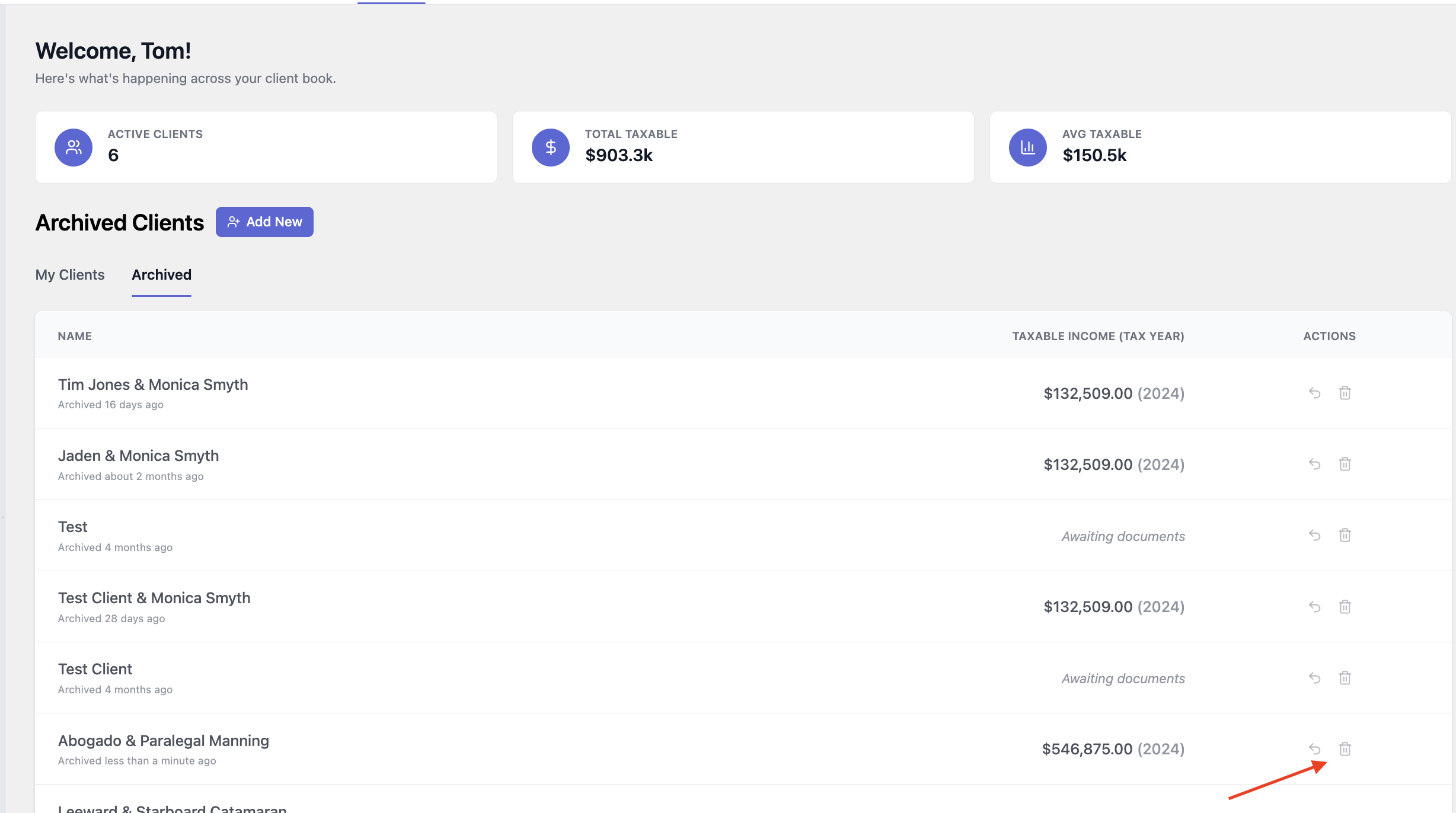 Image of a dashboard showing an 'Archived Clients' list with client names, taxable income figures, and action icons, including an orange arrow pointing to a row's action.