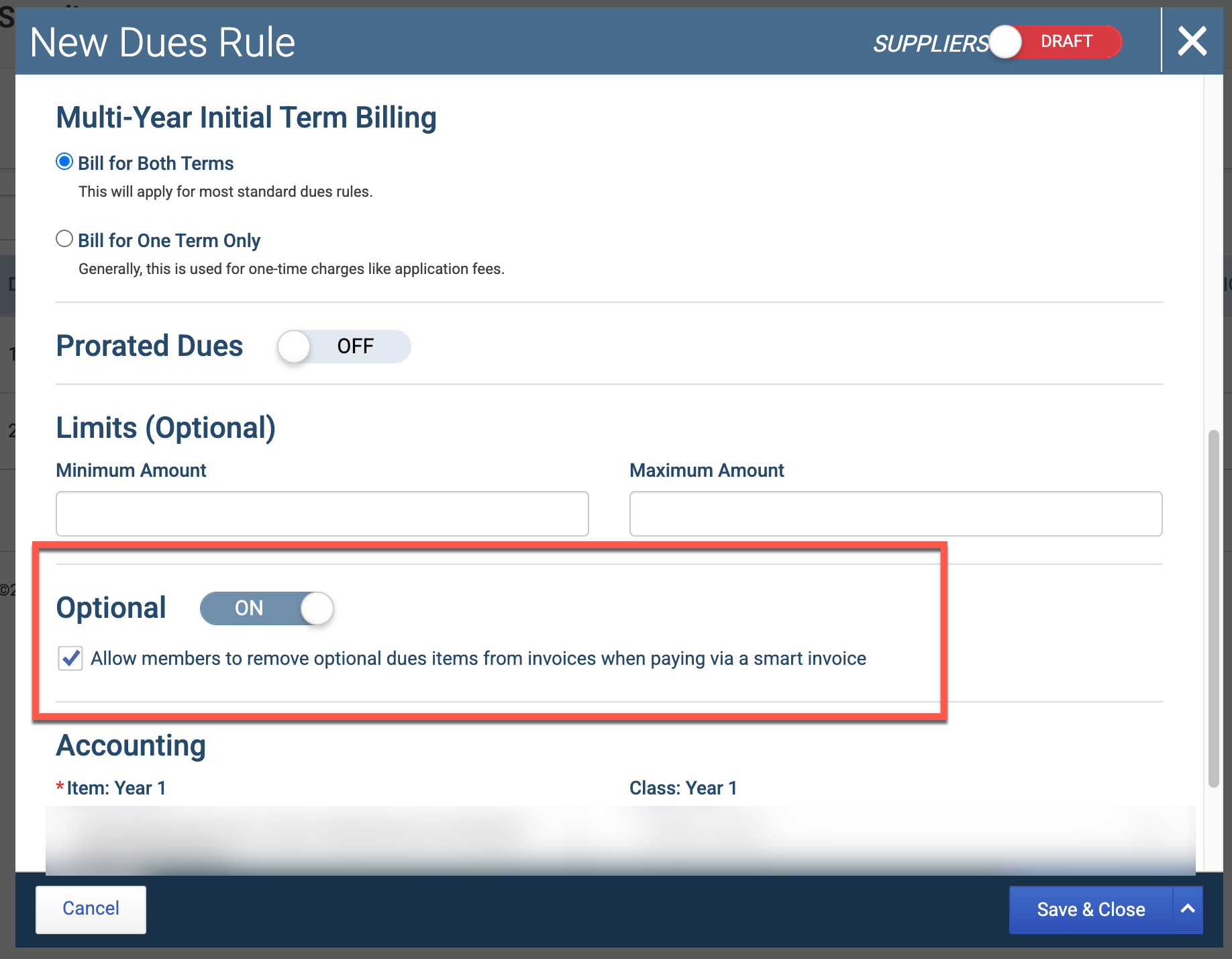 Screenshot of dues rule - highlighting Optional Dues Toggle and checkbox to allow members to remove the optional dues item.