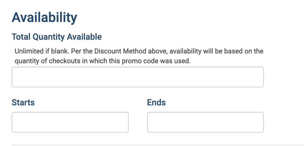 Availability options - total quantity available field, start and end date fields