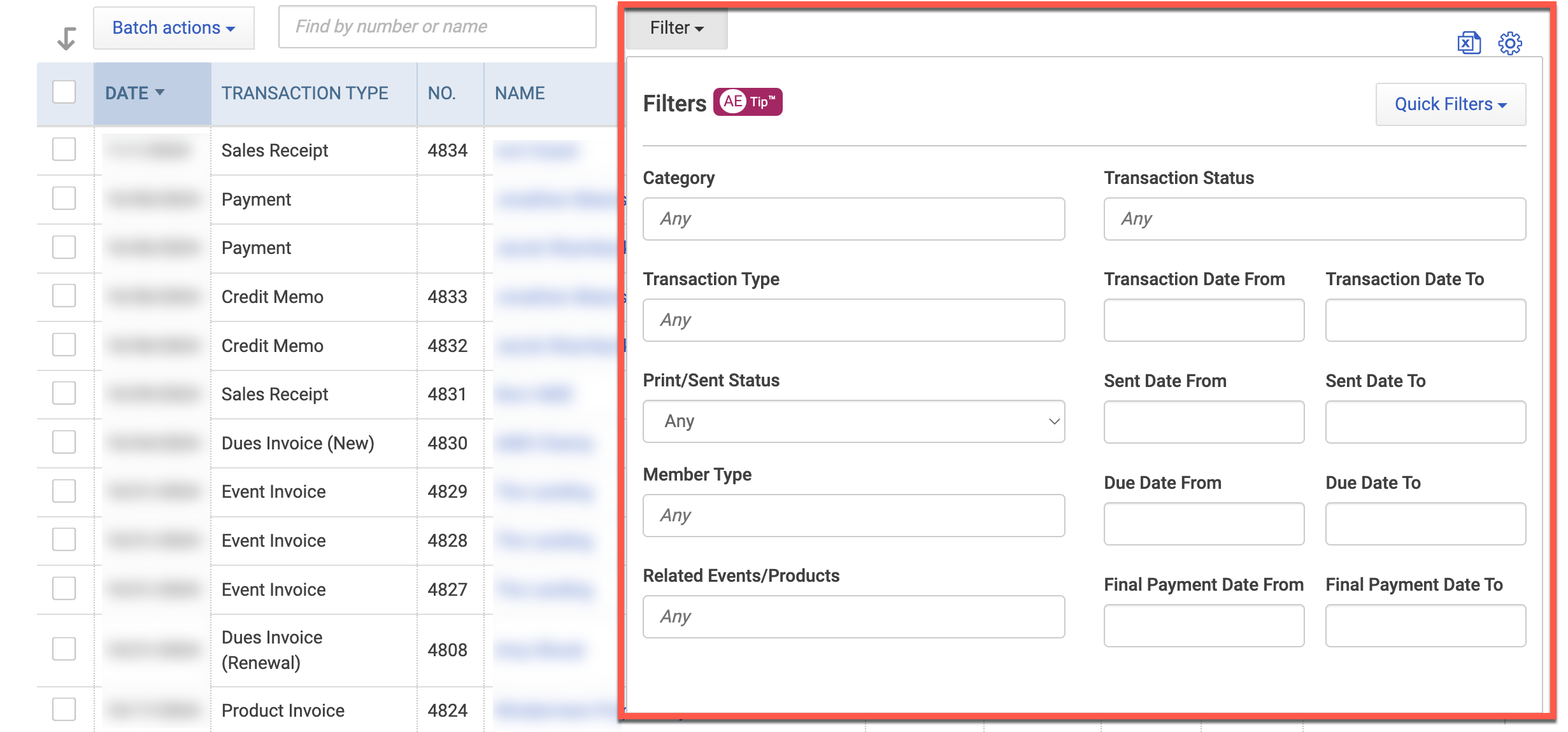 Available Filter options in Transactions