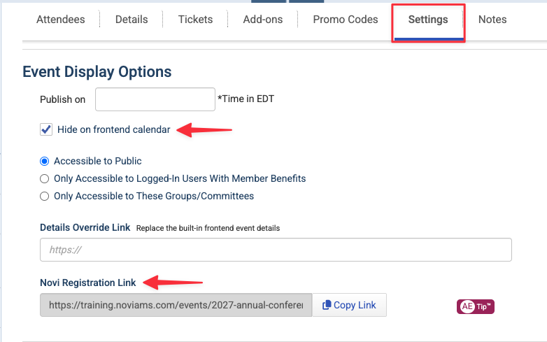 CleanShot 2026-09-23 at 11.33.25 AM.png Shows the Event Display Options section within the Settings tab on the backend of an event in Novi.