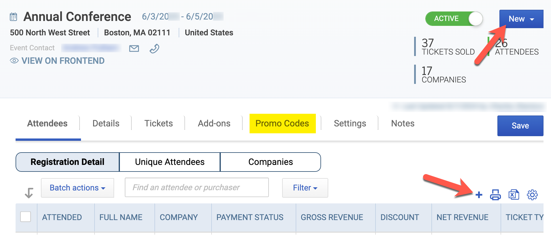 Create a promo code in an event by clicking the new button in upper right corner, or navigate to promo code tab and click the plus sign.