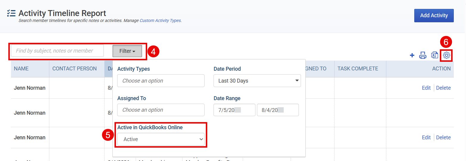 Menu clicks for steps 4, 5 and 6 of the View the Activity Report