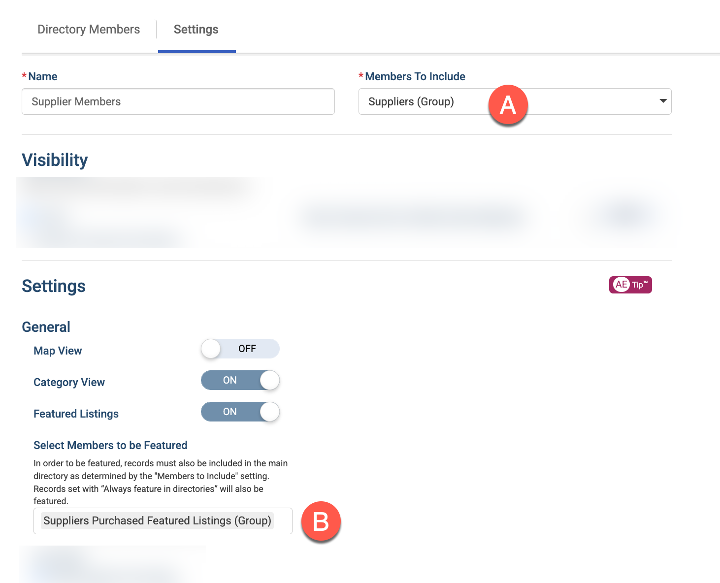 Screenshot of Members to Include setting and Select Members to be Featured setting