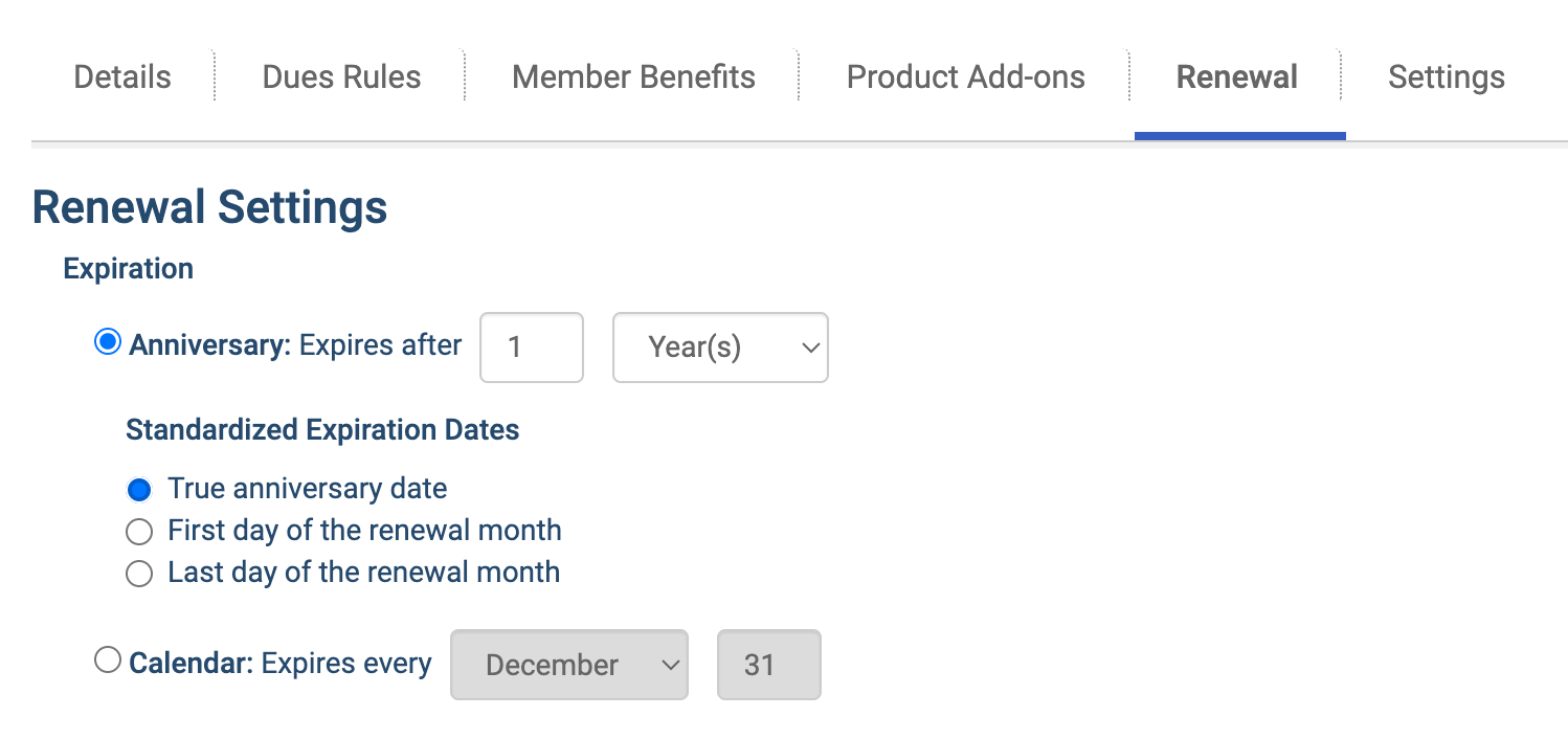 Anniversary Date Settings in the Member Type Renewals tab