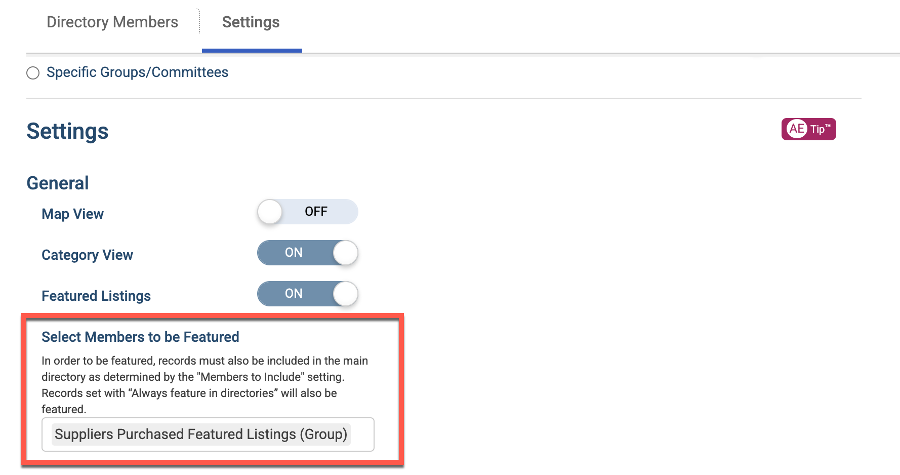 Screenshot of Select Members to be Featured setting in Directory settings.