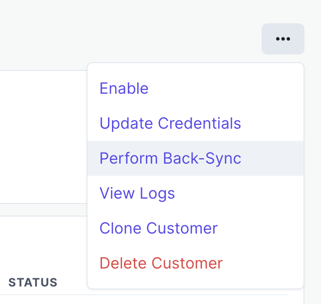 User interface showing customer management options including 'Perform Back-Sync'