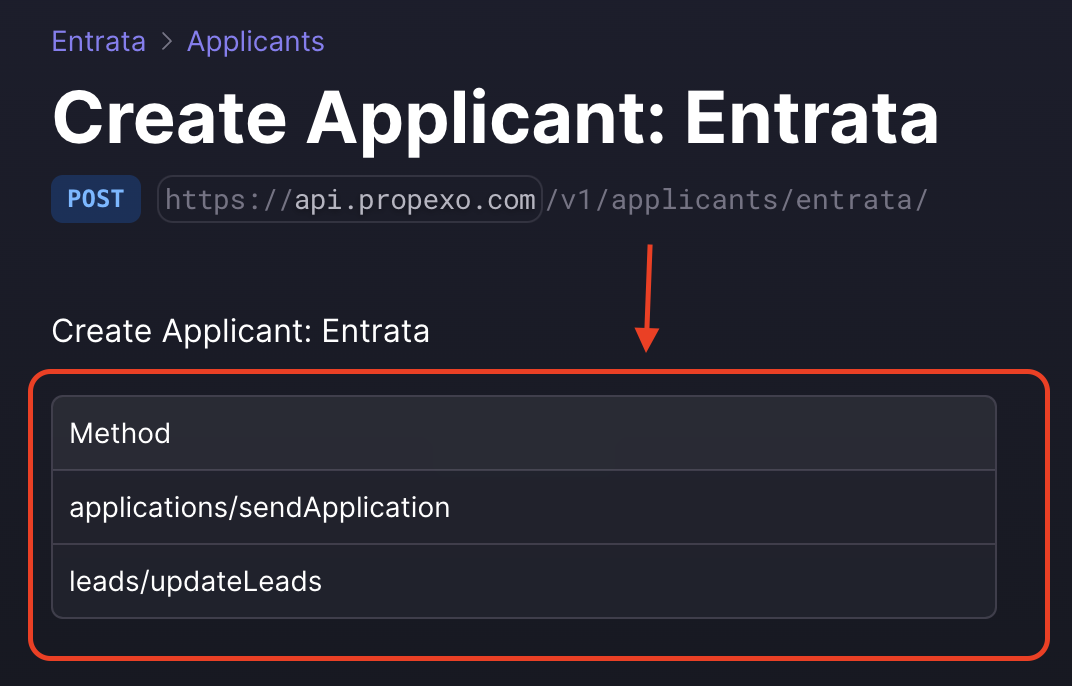 API documentation page for creating an applicant