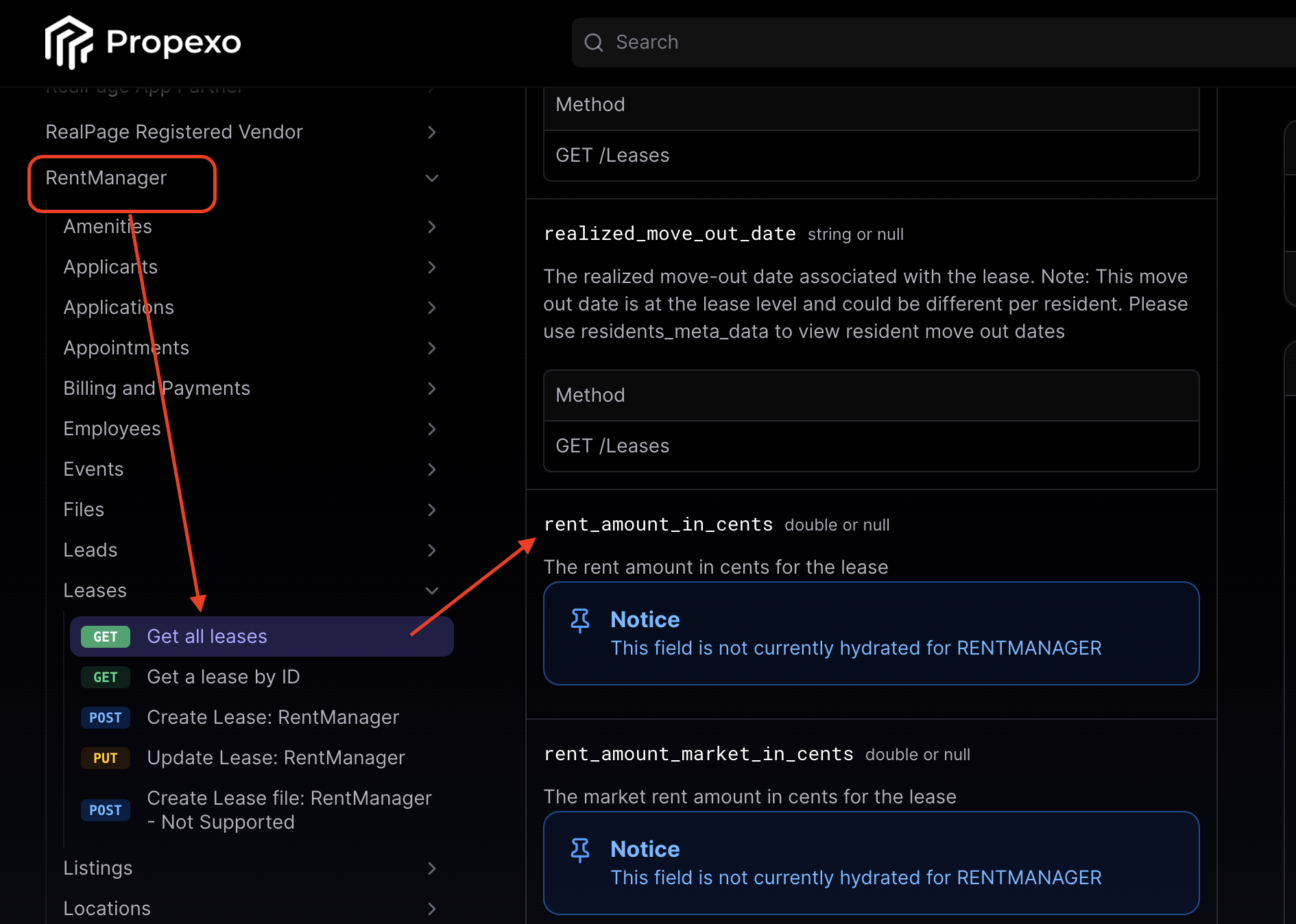 API documentation showing rent_amount fields are not hydrated for RentManager