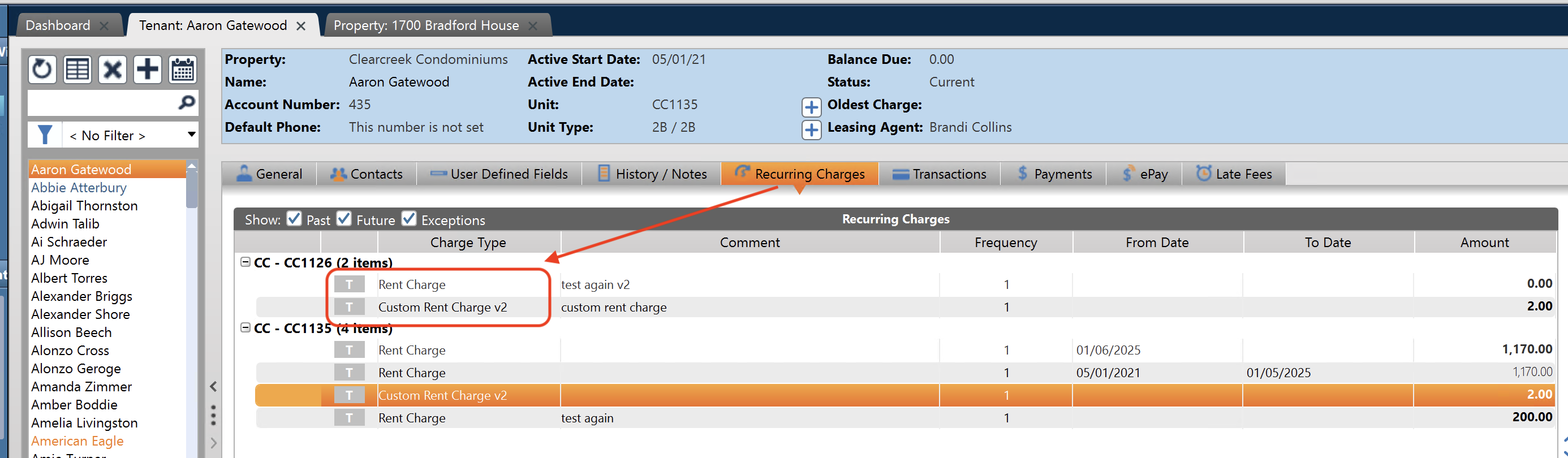Example of multiple rent charge types for a tenant