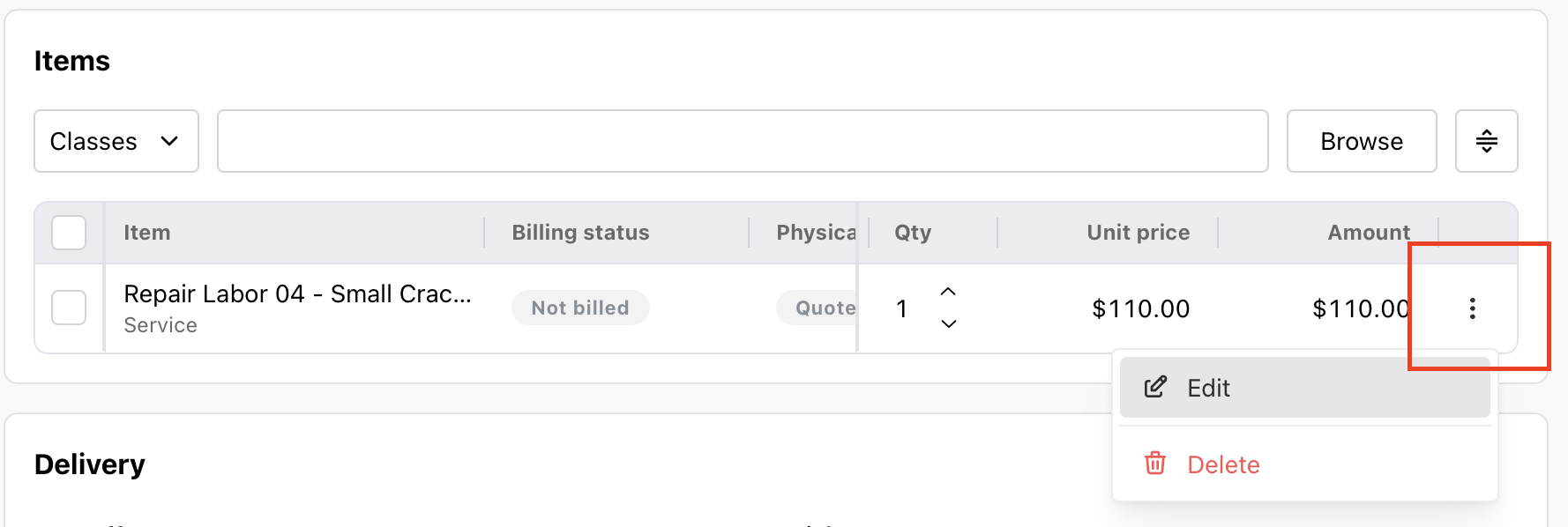 Image of a line item row with a vertical ellipsis menu open on the right side offering Edit and Delete actions.