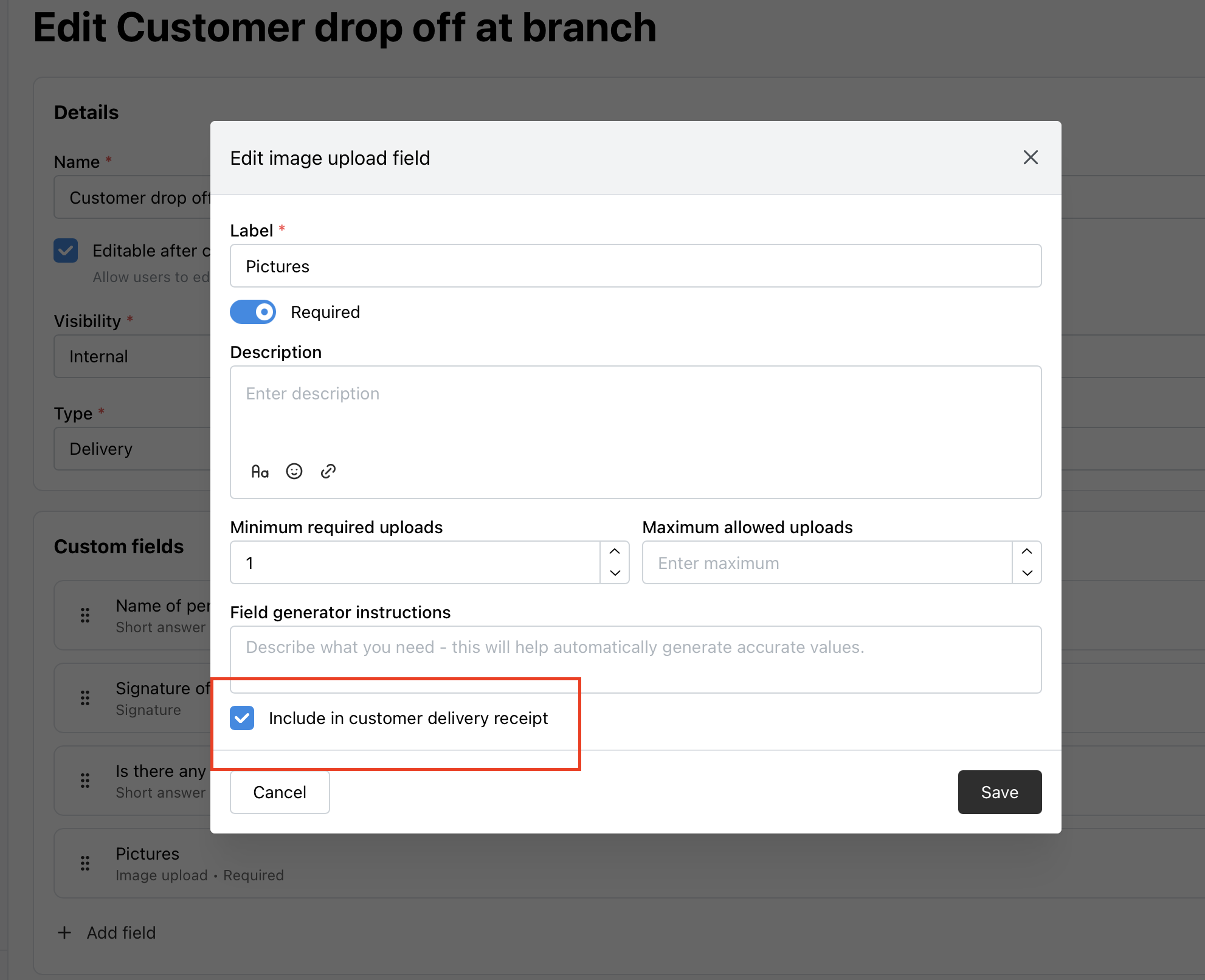 Image of a modal dialog titled 'Edit image upload field' showing configuration options including a checked option 'Include in customer delivery receipt' highlighted in red.